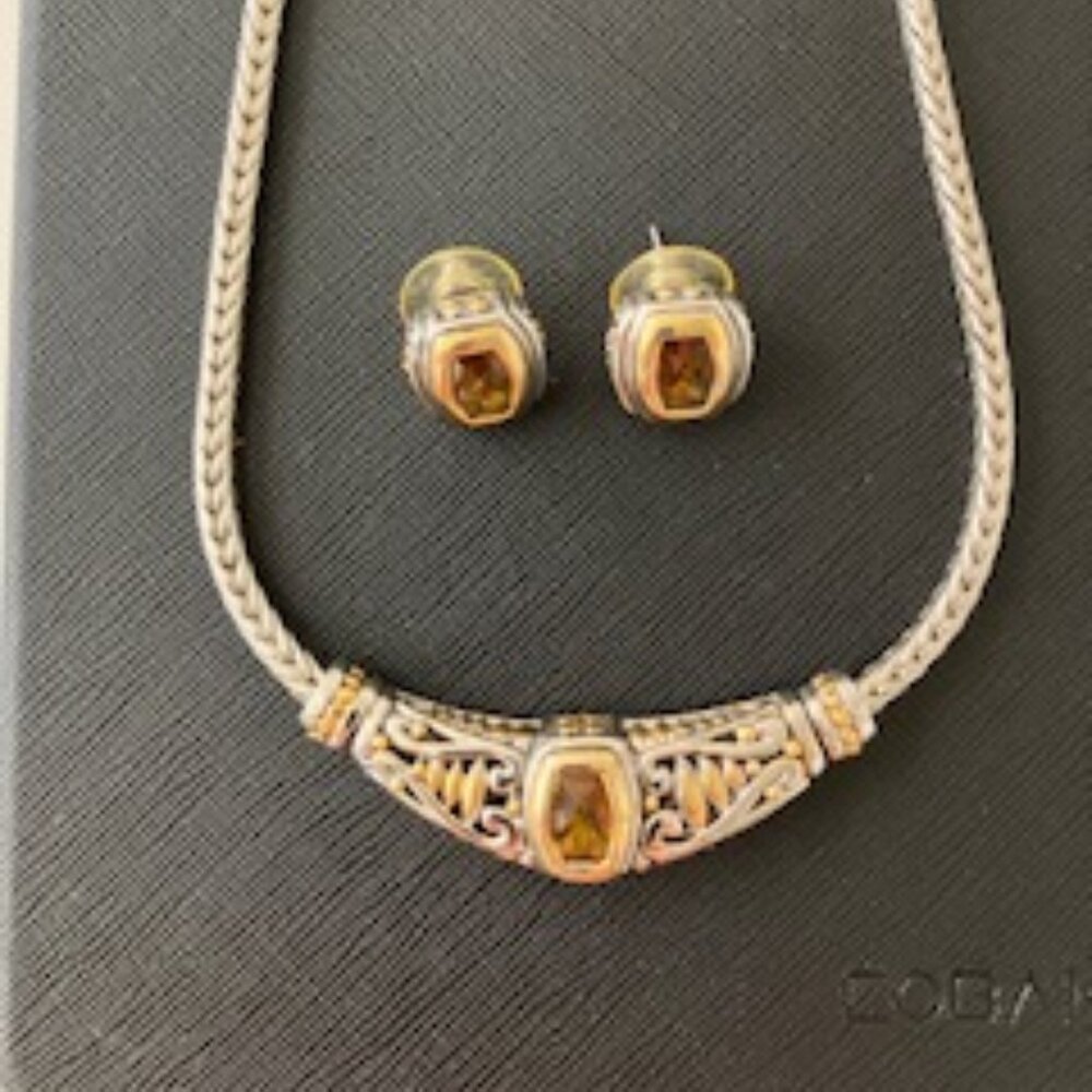 Bijoux Terner Vintage Silver/Gold 16" Necklace and Stud Earrings Citrine Stone